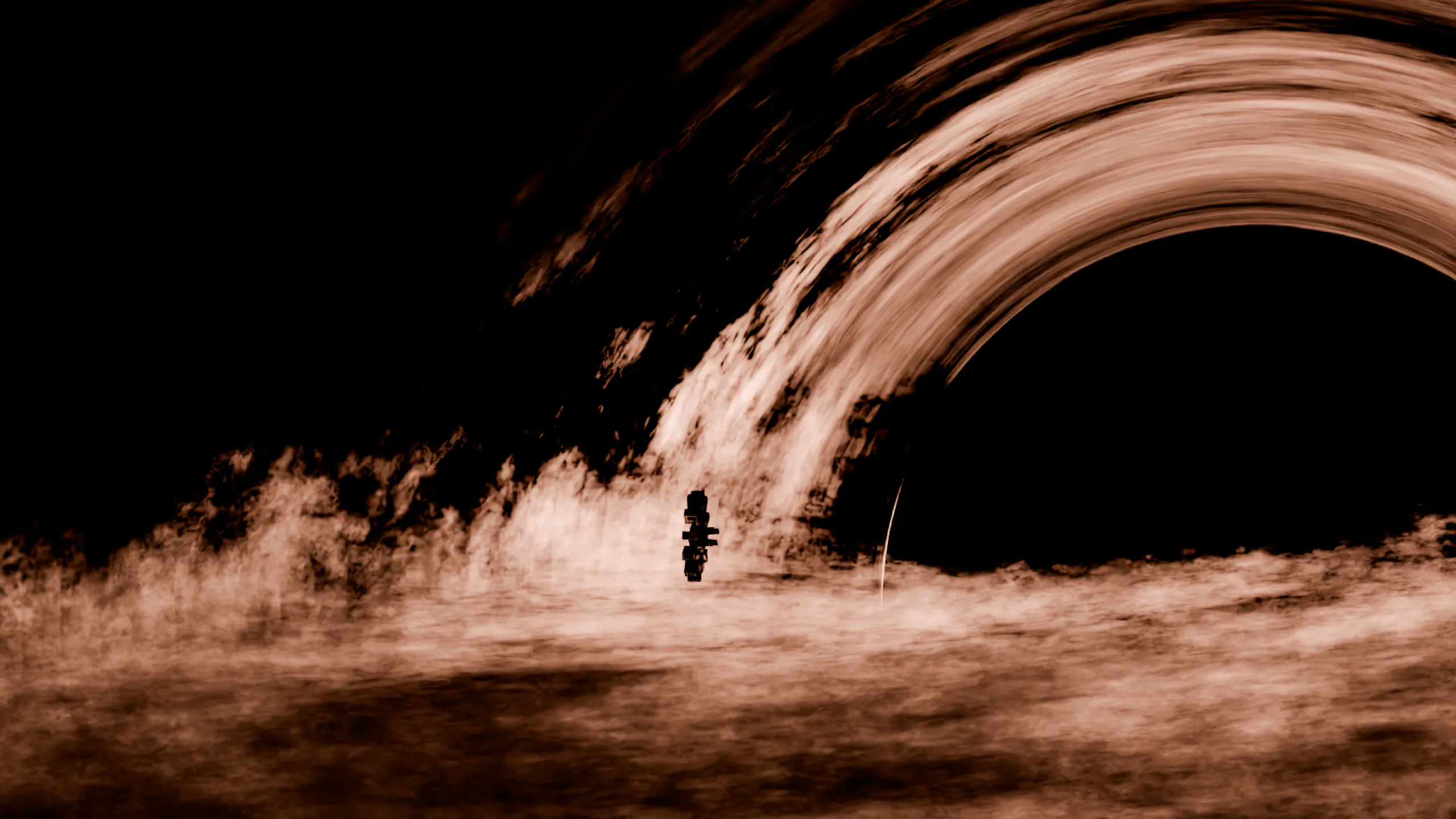 A copper-toned black hole bending a stream of matter, a small craft falling toward it
