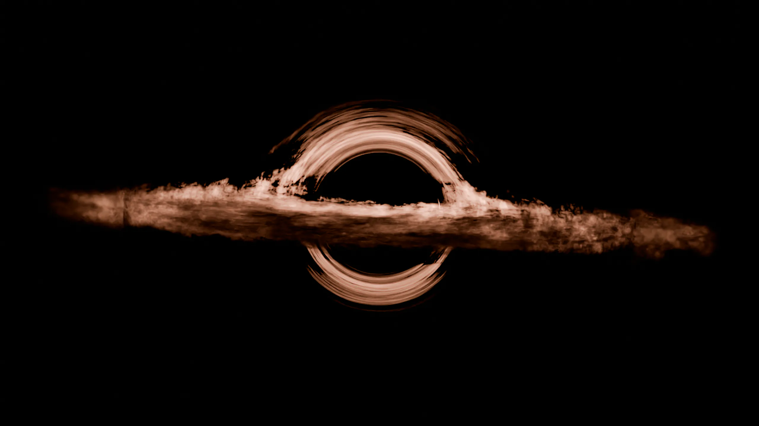 Head-on view of a glowing accretion disk around a black hole