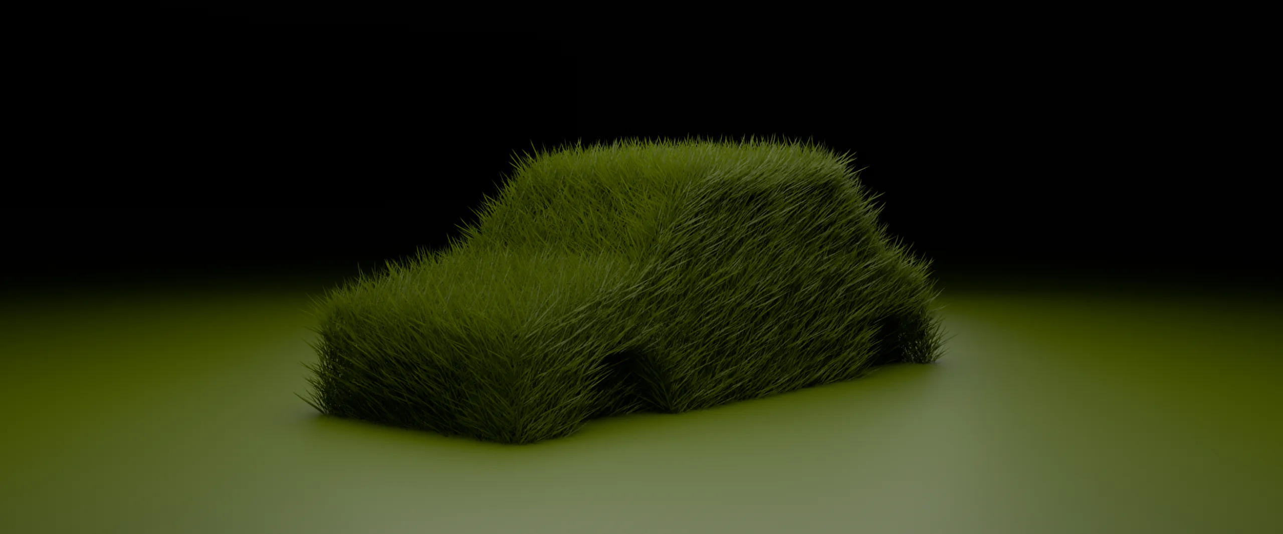 A car-shaped form entirely covered in green grass fur on a green ground