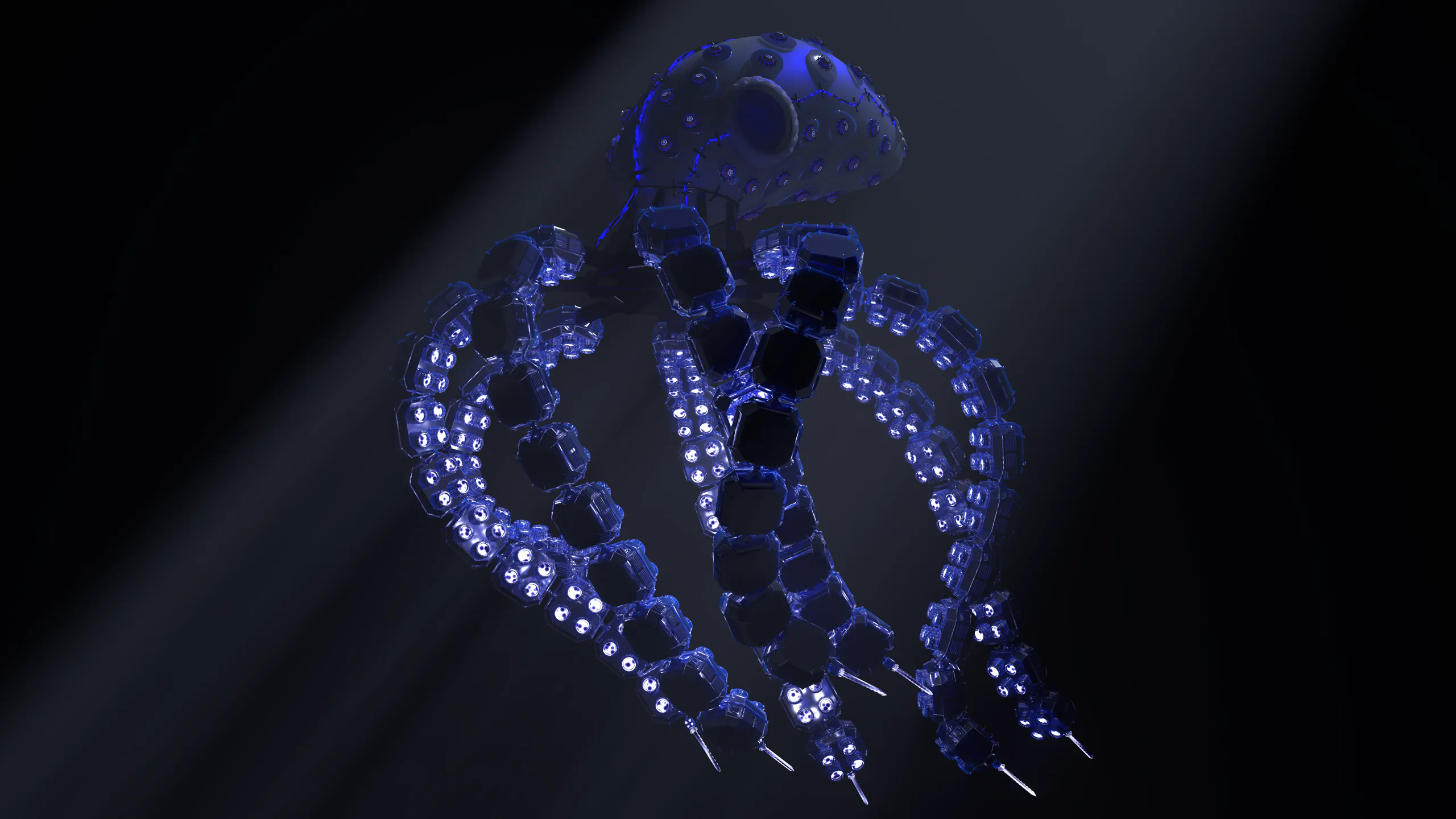 A mechanical octopus made of glassy segmented plates, lit in deep blue with a volumetric light beam