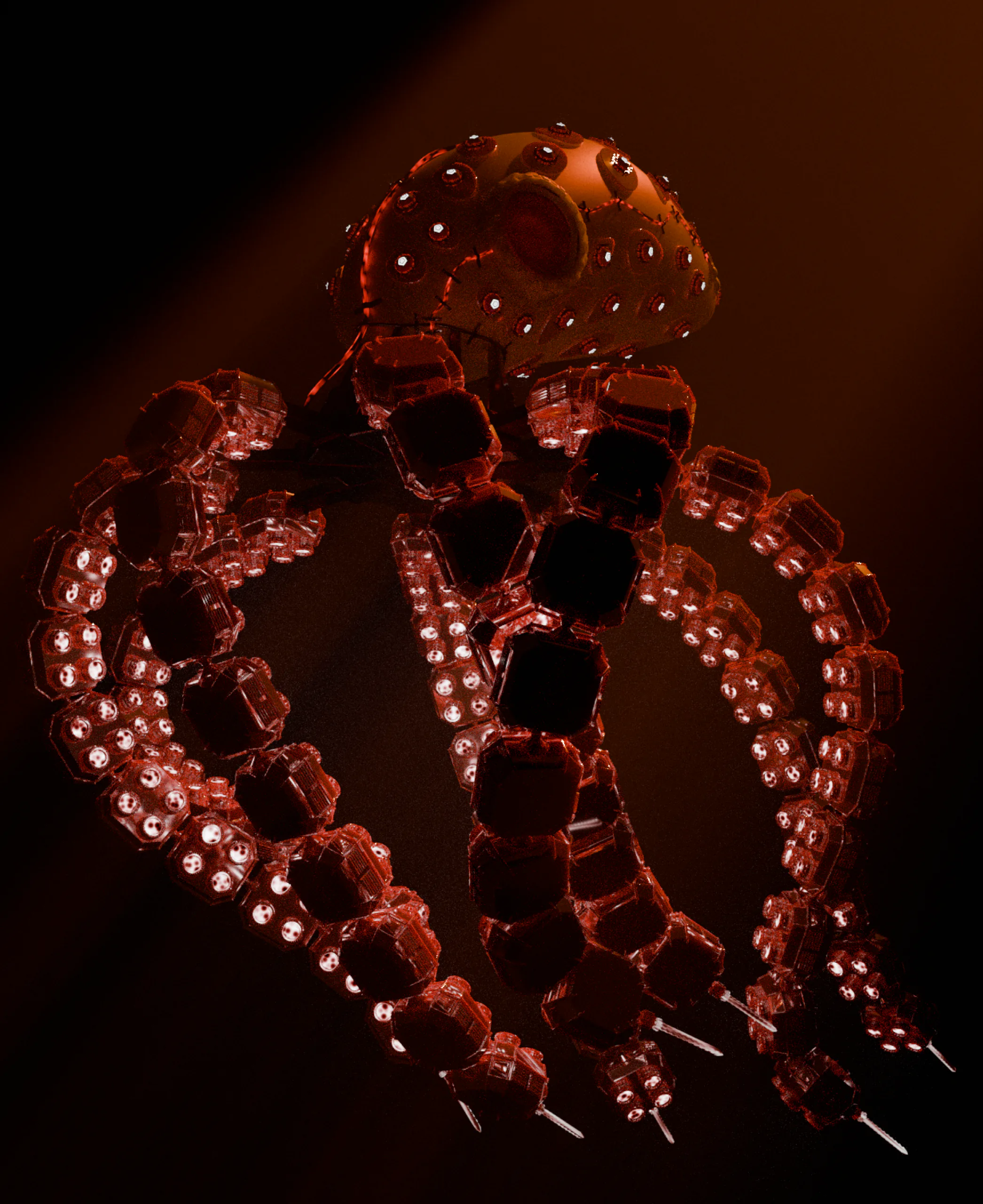 The same mechanical octopus rendered in glowing red glass