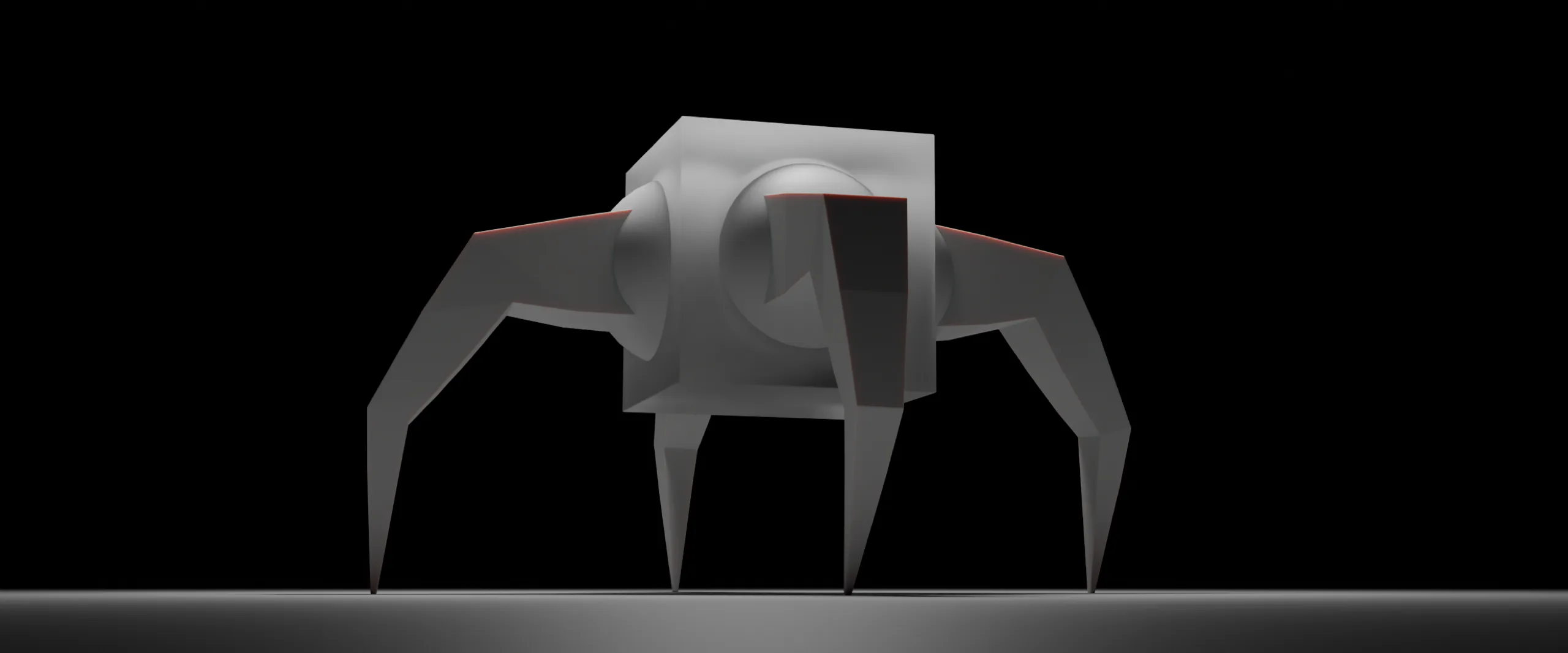 A low-poly quadruped robot with red edge accents standing in a dark void