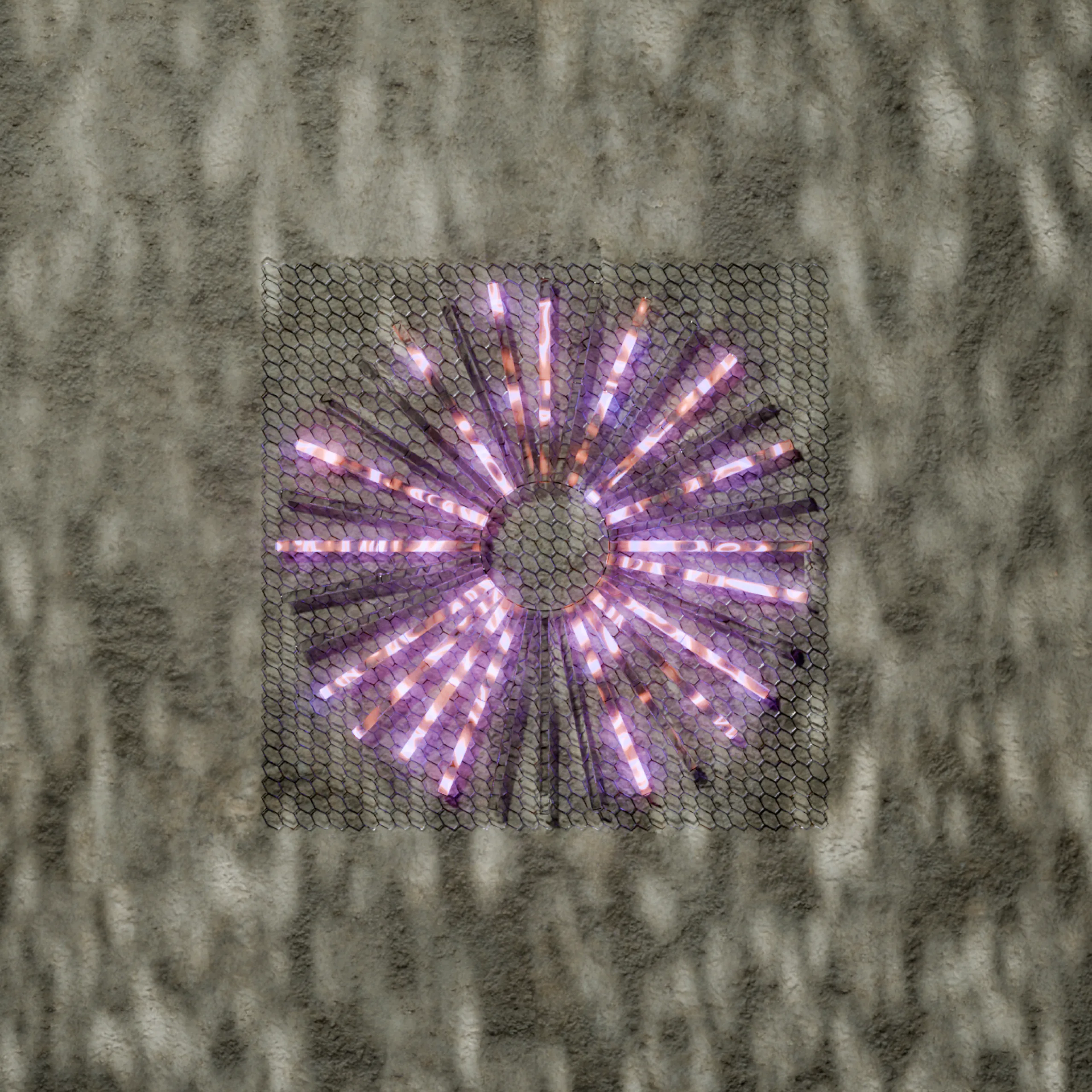 A glowing violet burst embossed into a knitted fabric surface