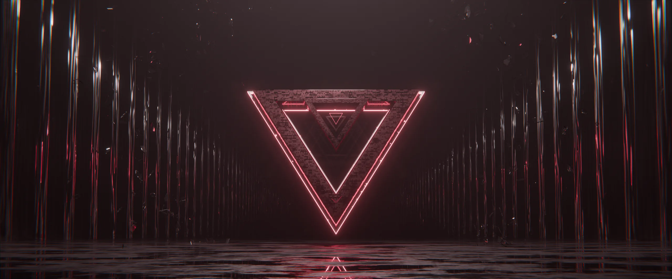 A glowing red neon inverted triangle floating in a dark reflective corridor