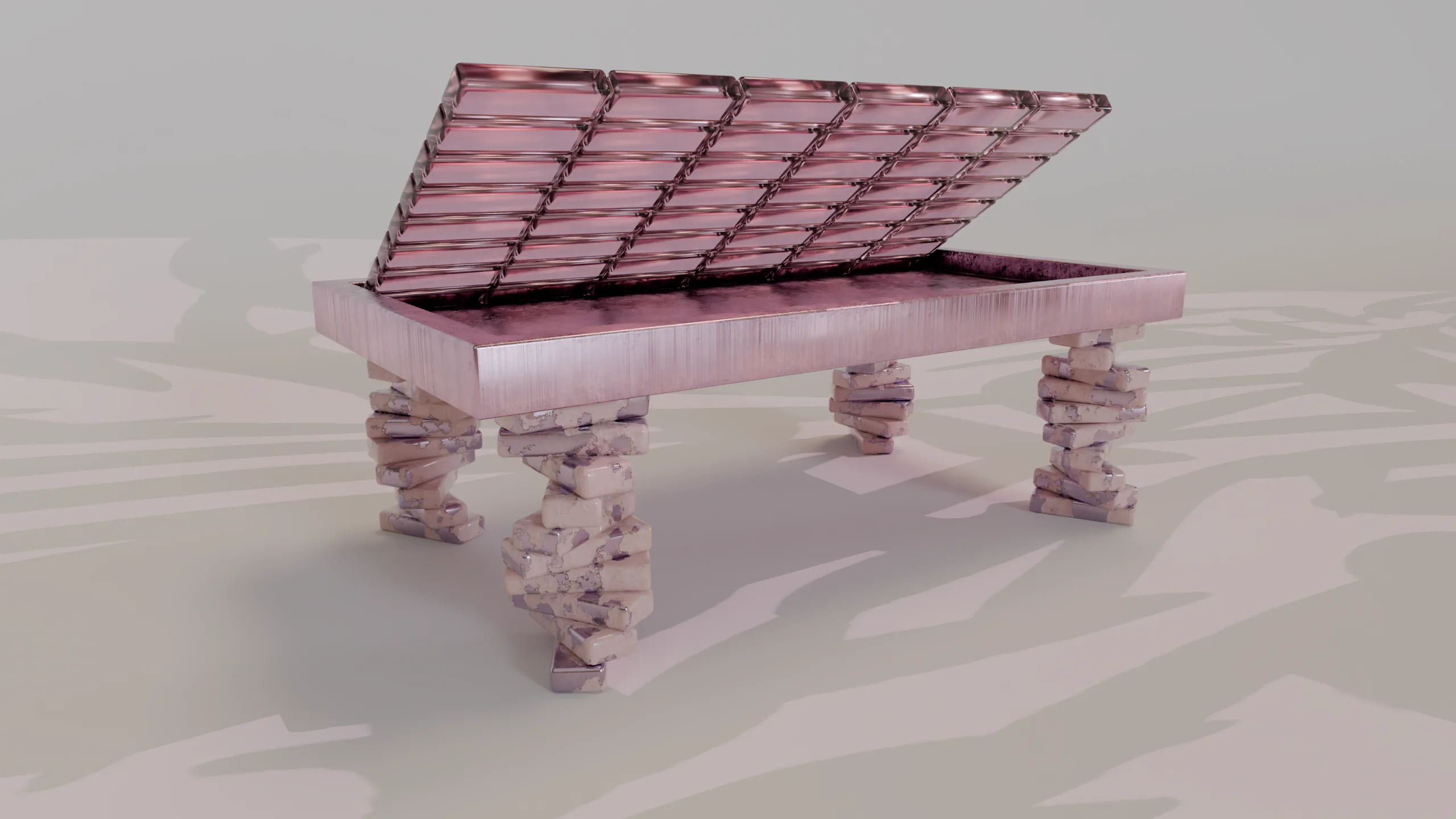 A pink metallic chest with a segmented lid resting on stacked stone legs
